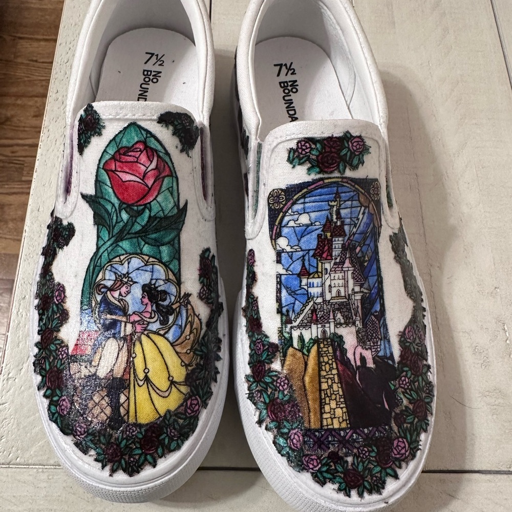 Custom Belle Disney Beauty & the Beast White Slip-On Shoes  Stained Glass Design